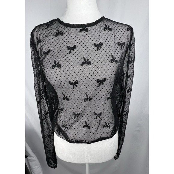 The Unbranded Brand Tops - Bodyrage Black Sheer Mesh Bow Polka Dot Long Sleeve Top L/XL Goth Coquette Y2K